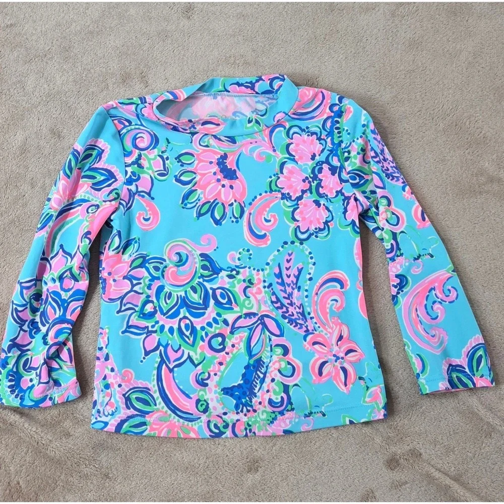 Lilly Pulitzer Swim Rash Guard Top Girls Size 6 Color Pink Blue Floral EUC